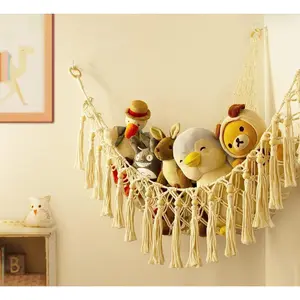F-SBB21  Stuffed Animal Toy Storage Hammock with LED Light - Macrame Jumbo Doll Corner Stuff Animals Organizer Decorations - Cute Hanging Plushie Net Kids Baby Nursery Bedroom Room Decor Wall Boho
