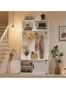 White Hall Tree Entryway Bench With Shoe Storage, Coat Hooks, Adjustable Shelf And 2 Wood Doors