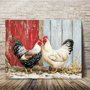 1 Piece 2D Flat Wooden Frame Canvas Wall Art Ready to Hang, Rooster and Hen Canvas Print Farmhouse, 11.8inch x 15.7inch , Canvas Wall Art for Bedroom Kitchen Office Bar Farmhouse Living Room, Framed Home Wall Decor YIMH3832, 2D Flat, Perfect for Room Deco