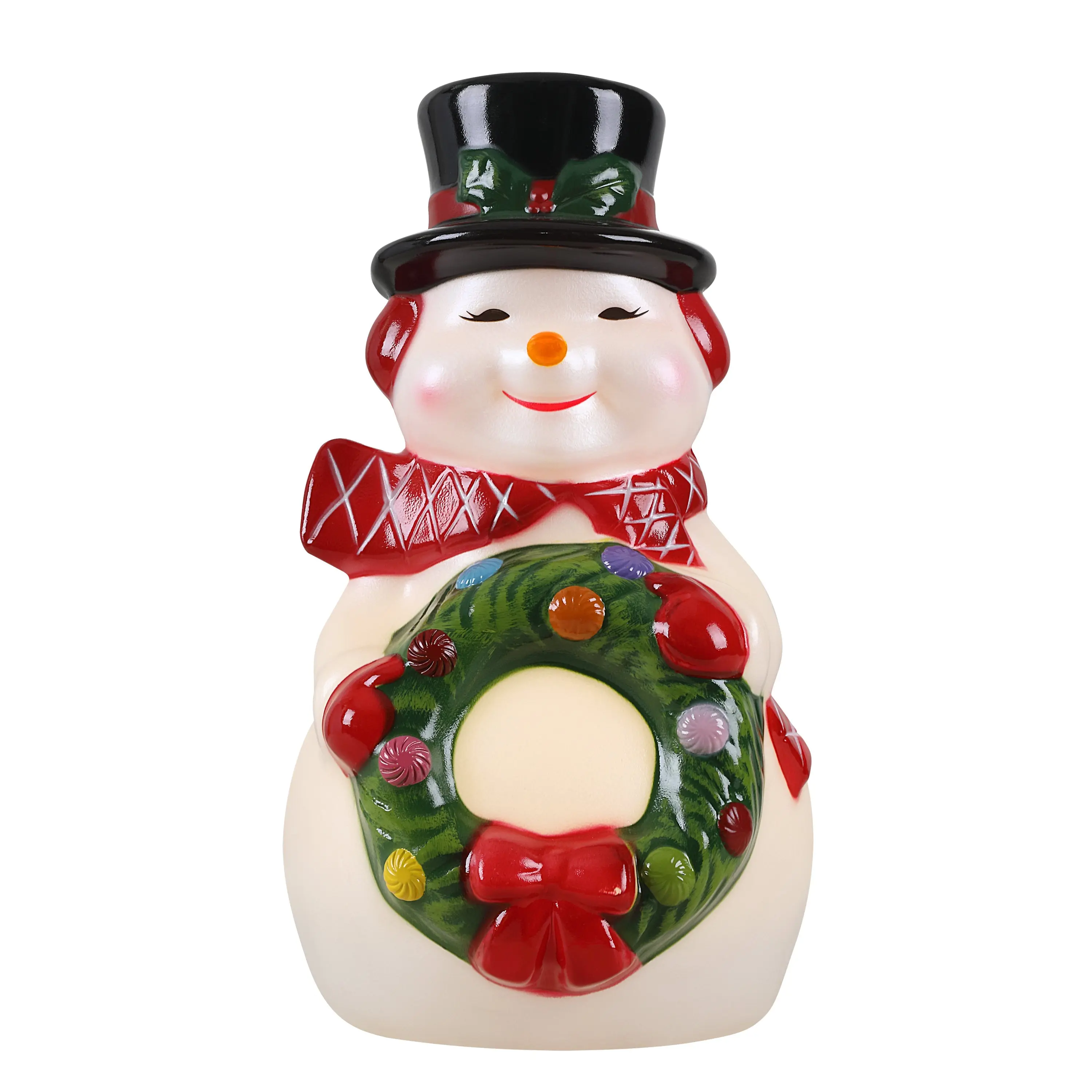 24 in. Standing Lit LED Lights Snowman Blow Mold, Christmas Decoration with Hat, Scarf & Wreath Accents, Metal-Built Winter Ornaments for Holiday Displays, Batteries