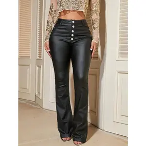 Apperloth Studio Women High Waist Single Breasted PU Leather Long Pants-Office Lady Flare Pants(Sheet)