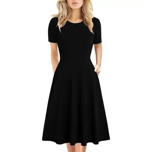 Women's Elegant Vintage Summer Casual Floral Print Work Party Swing A-Line Dress with Pockets H162