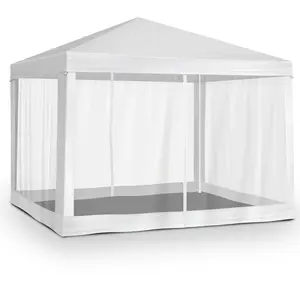 10×10ft White 4-Side Mesh Canopy Tent, Foldable Outdoor Gazebo with 2 Doors, 2 Side Panels, Integrated Top, Mesh Sidewall, PE Roof, Spray-Painted Iron Frame, Windproof Waterproof Camping Gear bbq party utility