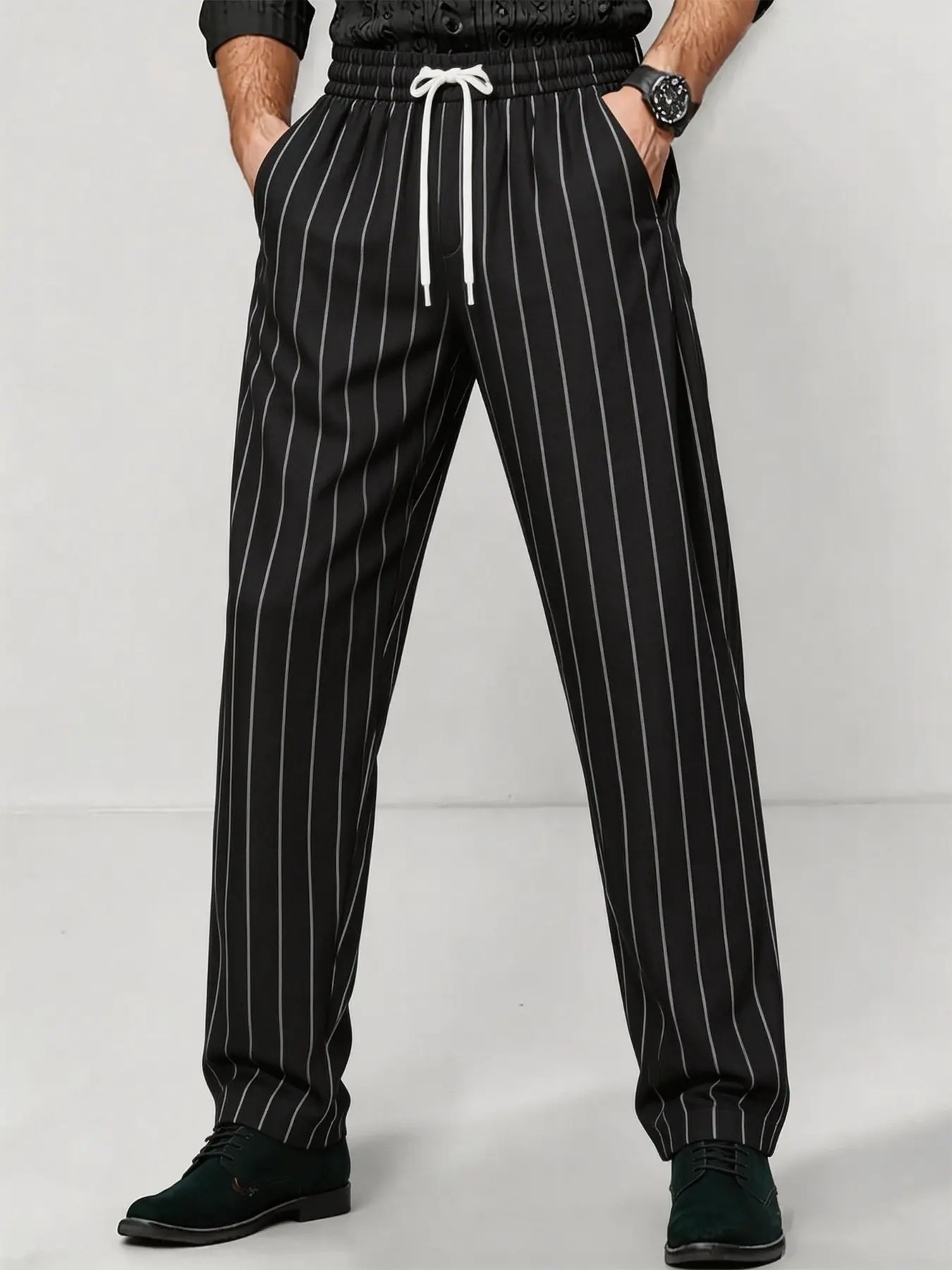 Men's Four-Season Vertical Stripe Drawstring Loose Classic Straight Leg Casual Pants, Striped, Light Business Retro Design, Versatile Options, All Seasons Trousers, Business Bottoms
