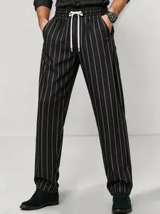 Men's Four-Season Vertical Stripe Drawstring Loose Straight Leg Casual Pants, Striped, Light Business Retro Design, Versatile Options