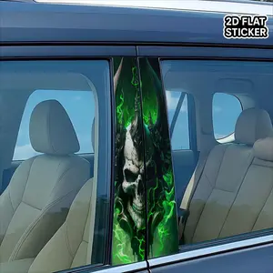 [2D Flat Sticker] 2pcs 9.8*19.6in Emerald Flame Skull King Car Decal Sticker - Gothic B-Pillar Vinyl Wrap, Durable, Waterproof, Self-Adhesive Exterior Auto Decoration, Universal Fit, Unique Style