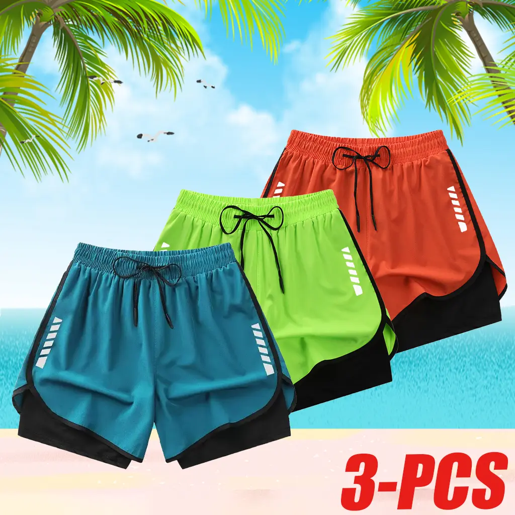Women’s summer 3-piece quick-dry sports shorts set, cool and breathable hot pants with a faux two-piece design to prevent exposure, suitable for fitness, yoga, and running