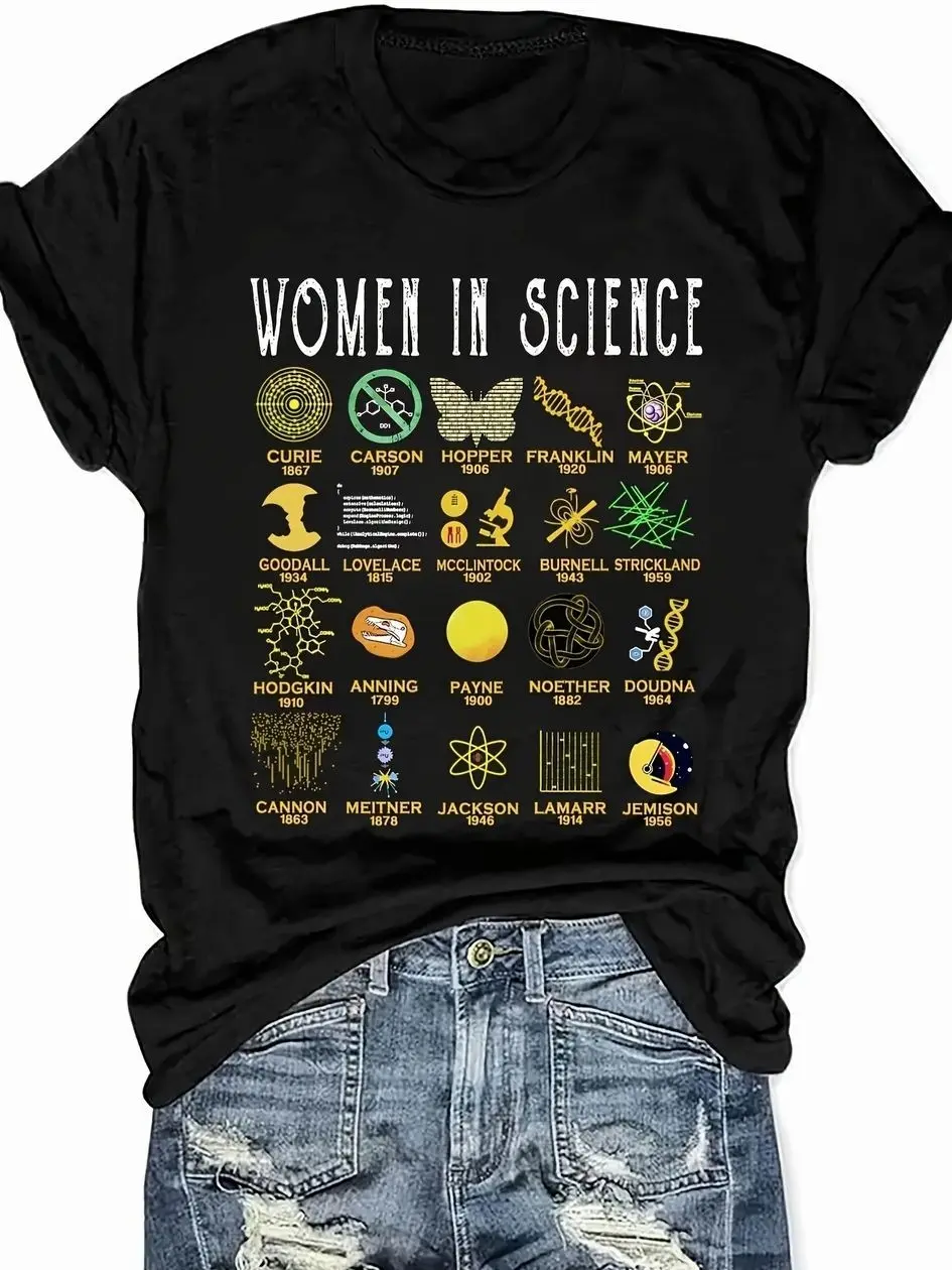 Women in Science Graphic Tee - Casual Crew Neck Short Sleeve T-Shirt with Scientific Icons Print, Polyester , Dark Color, Perfect for Casual Attire or Science Enthusiasts, Science Themed Apparel | Scientific Motif Clothing | MicroStretch Fabric