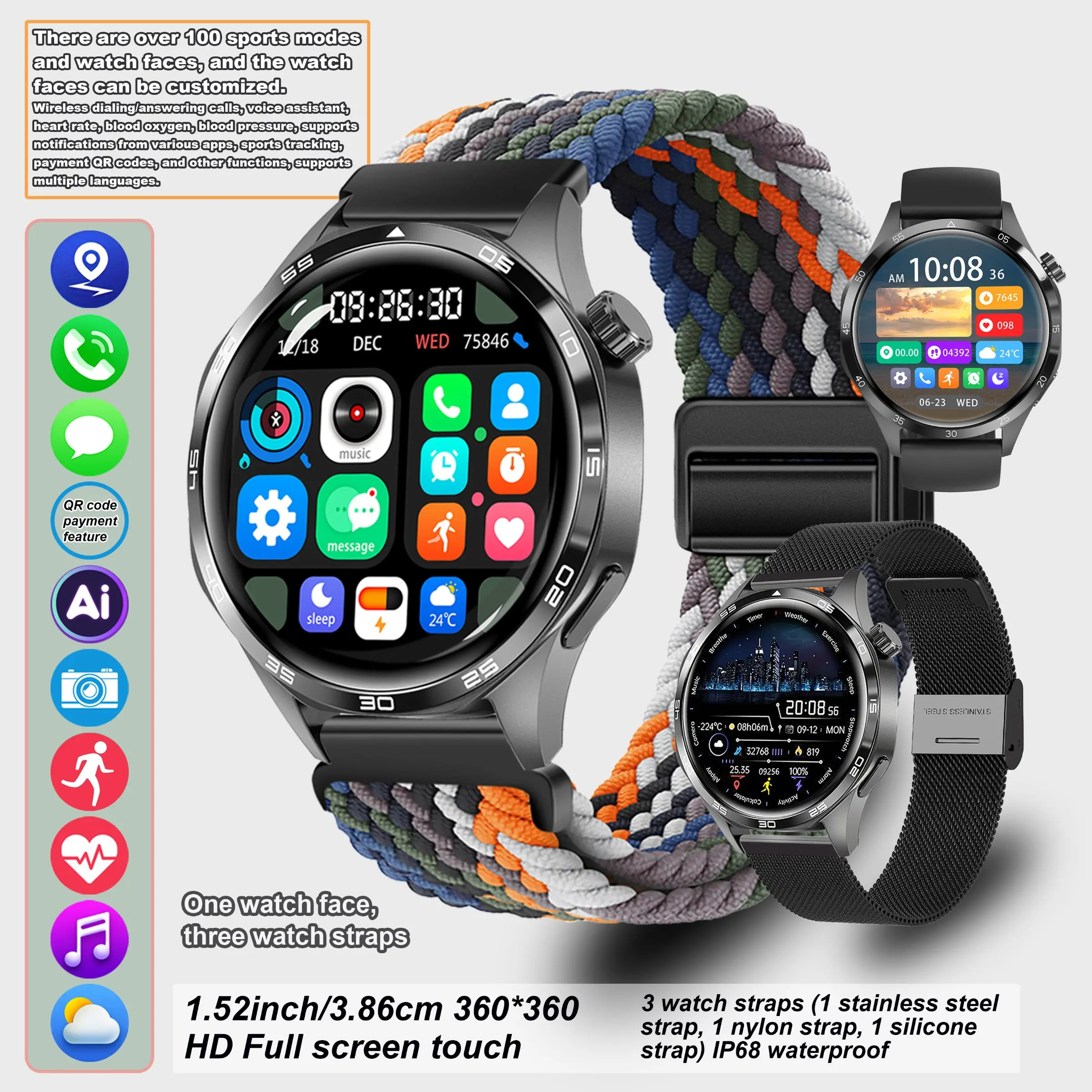 business smart watch Watch4 Pro, Wireless smart watch, HD AMOLED touchscreen, compatible with Android and iOS systems, AI voice assistant, make and receive calls, supports app notifications, smart wearable, over 100 sports modes, multiple strap watch set