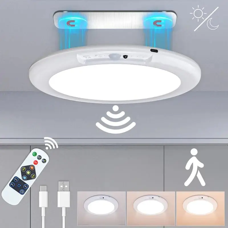 Wireless LED Ceiling Light with Motion Sensor, Rechargeable Cordless Magnetic Light, Remote & Button Control, 3 Color Dimmable No-Wiring Light for Closet Pantry Stairway Bedroom,Waterproof,Rotating,Flashlight