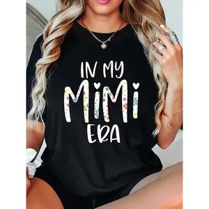 Women's 100% Cotton Fitted "In My Mimi Era" Graphic T-Shirt - Crew Neck Shortsleeve Top, Casual Machine-Washable Women's T-Shirts