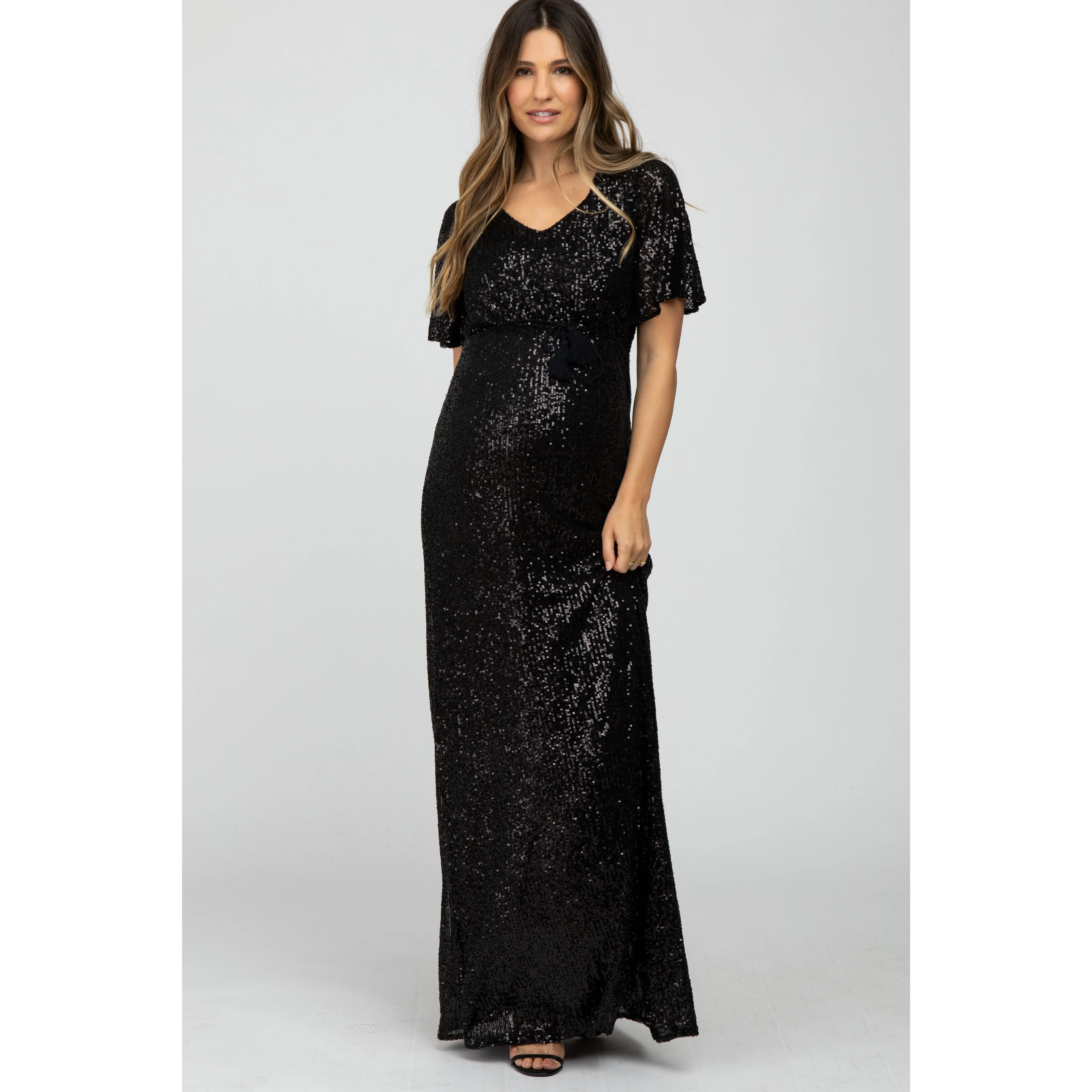 Black Sequin Short Sleeve Maternity Maxi Dress