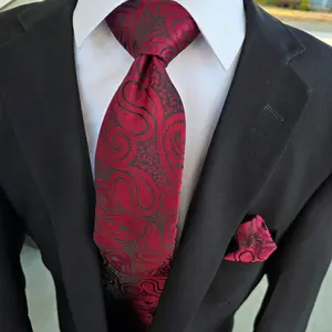 Black Wine Paisley Silk Tie Pocket Square Cufflink Set