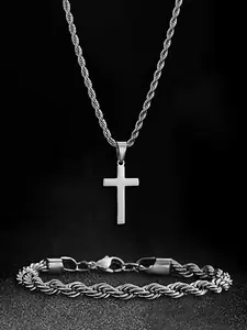 Men's Stainless Steel Cross Pendant Necklace Set, Casual Style Chain Bracelet Jewelry Gift for All Seasons, No Choking Hazard