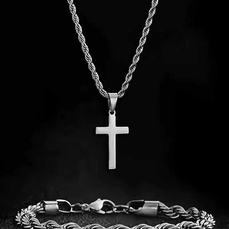 Men's Stainless Steel Cross Pendant Necklace Set, Casual Style Chain Bracelet Jewelry Sets Gift for All Seasons, Necklace And Bracelet Set, No Choking Hazard