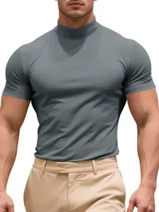 Men's Solid Color Turtleneck Tee, Regular Fit Casual Short Sleeve T-shirt for Summer, Men's Top for Daily Wear, Tropical, Casual Style Tee