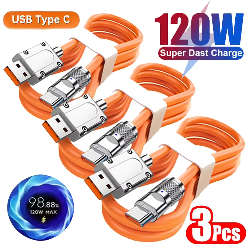 3PCS 1M Liquid Silicone USB-C Charger Cables - 120W Max Quickcharge C-Type Cables for Android Mobile Phones, Data & Charging Wires