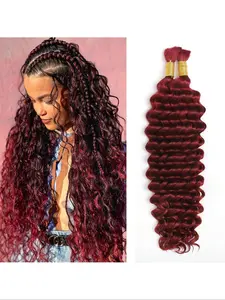 99J Burgundy Human Braiding Hair Deep Wave Bulk100g Human Hair Textured 2 Bundles No Weft Curly Braiding Hair Extensions for Boho Braids Wet and Wavy Braiding Human Hair Bundles Color 99J Red 14-28 inch