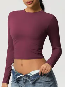Women's Solid Long Sleeve Crop Sports Tee, Casual Comfy Breathable Moisture Wicking T-shirt, Breathable Workout Tops for Yoga Gym Workout Running, Ladies Sportswear for Spring & Fall