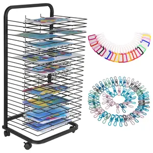 Art Drying Rack with 4 Lockable Wheels - Metal Art Storage Rack with 25 Removable Shelves, Art Organizer Height 41.5 inches for Art Studio, Artwork, Craft Room and Desktop, Black
