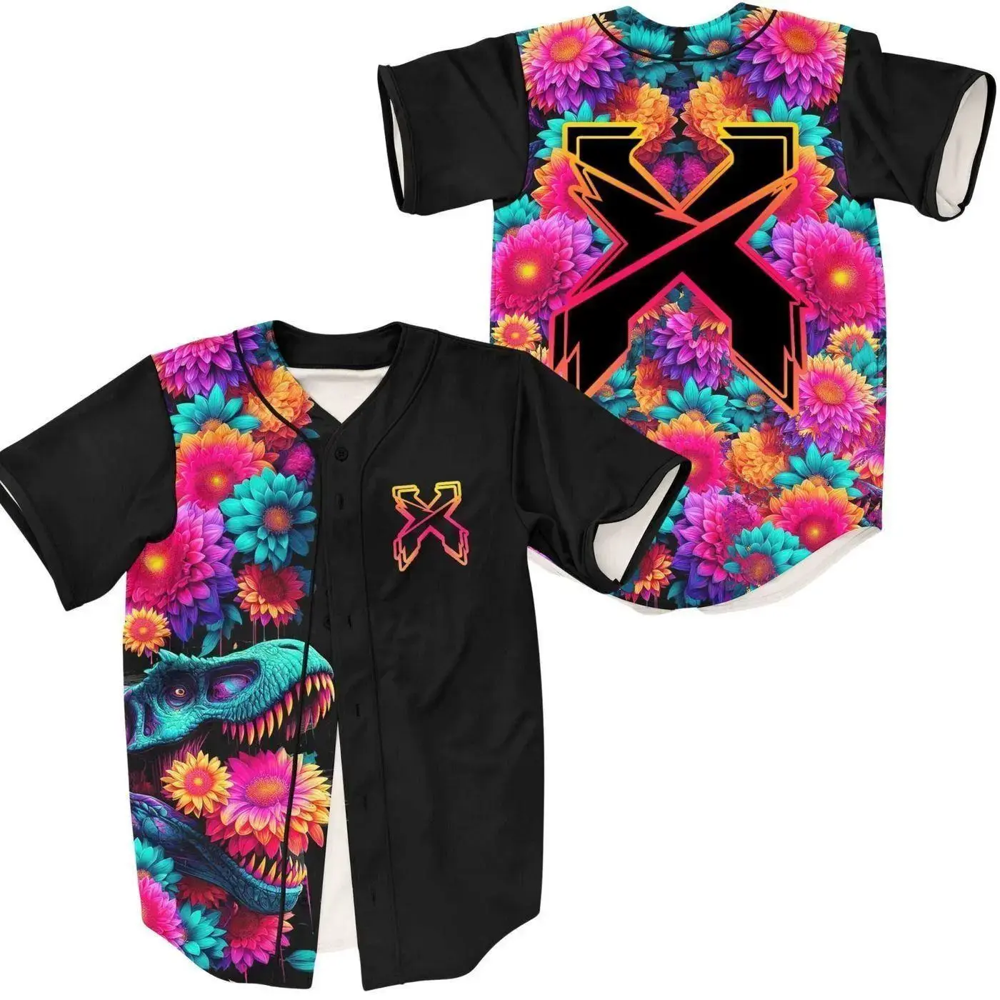 Excisi0n DJ Trippy Floral T-rex Rave 3D Baseball Shirt, Electronic Music Producer All Over Print Jersey, Edm Festivals Sport Team Outfit Game Day Uniform, Gift For Fan