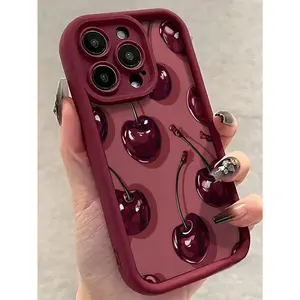 A Stylish Deep Red Cherry Pattern Soft TPU Shockproof Anti-Drop Full-Coverage Phone Case, Compatible for iPhone 17 Pro Max Phone Case 17 Air 16 E 15 Plus 14 13 12 11 X XS, Samsung Galaxy S22 S23 FE S24 Plus S25 ULTRA FE Plus A54 53 52 36 35 34 33 Note 20