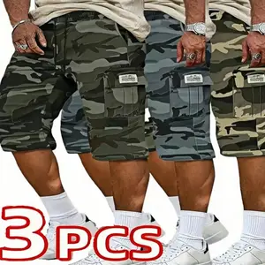 2026 Summer New Men’s Camouflage Cargo Shorts 3-Piece Set, Vintage Military Street Style, Three-Tone Camouflage Print, Drawstring Adjustable Waist, Large Capacity Pockets, Suitable for Young Men for Outdoor Hiking, Fitness, Sports, Daily Wear, and Shoppin