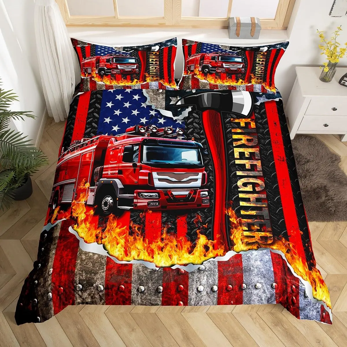 Fire Fighting Truck Duvet Cover Set,American Flag Firefighter Bedding Set Men Room Decor,Geometric Stripes Fireman Comforter Cover,Red Black Fashion Quilt Cover