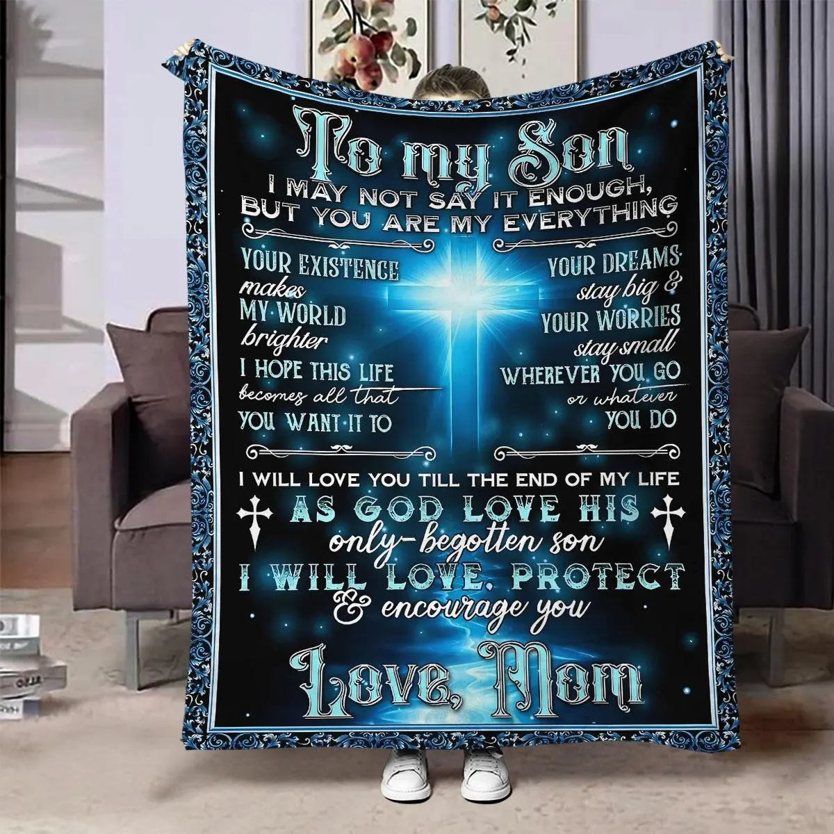 To My Son Letter Pattern Flannel Blanket, 1 Count Soft Throw Blanket, Air Conditioning Blanket, Warm Nap Blanket for Home Office Travel, Soft Warming Blanket, Cozy Blanket, Gift for Son, Soft Throws Blanket