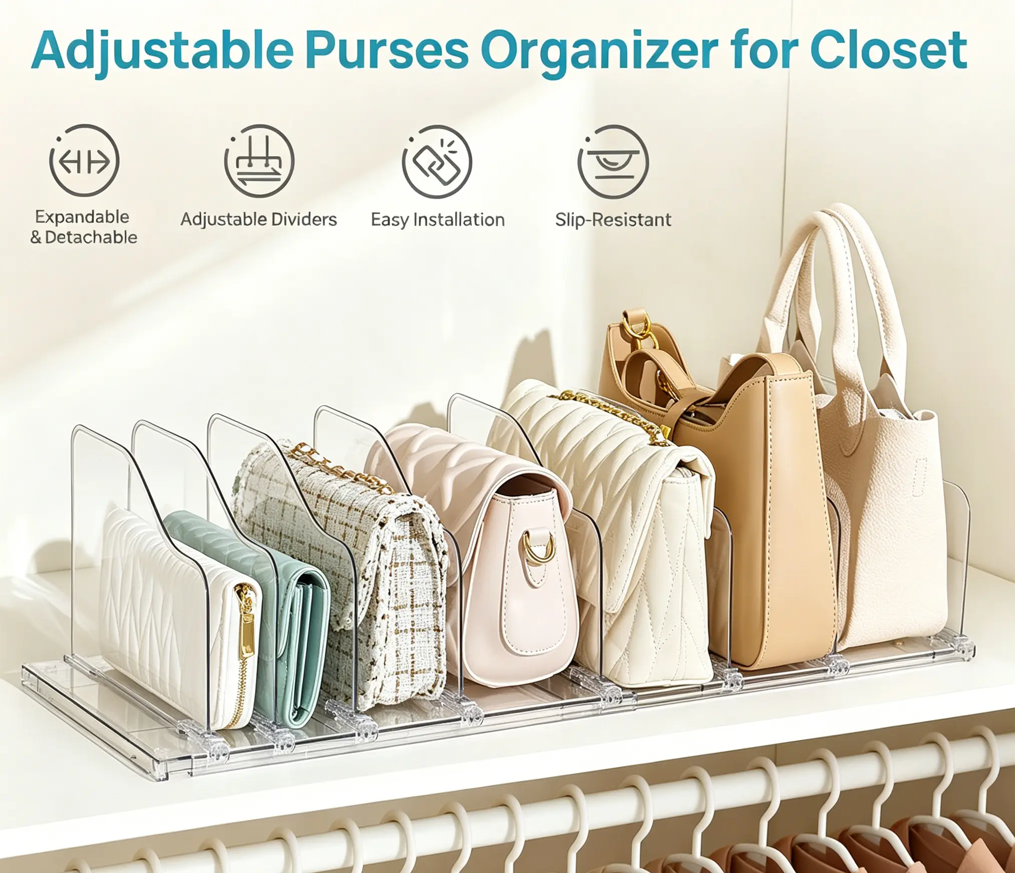 【Purse Station】Vtopmart Free-Adjustable Purse Organizer for Closet with 2 Base, Clear Handbags Storage Organizer, Fits Different Bag Sizes & Closet Shelf, Expandable Plastic Shelf Dividers for Handbags,Wallets,Organization Hacks,DormRoomHacks