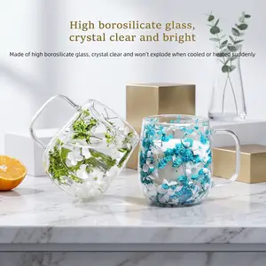 Double Glass Flower Tea Cup, 250ml Double Wall Glass Coffee Cup, Insulated Transparent Cup with Dried Flowers, Heat Resistant Drinkware Tumbler, Gift for New Year, Mother’s Day