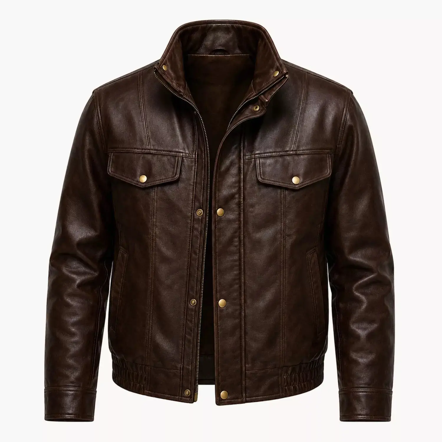 Men’s Dark Brown Leather Bomber Jacket | Zip-Up Snap Button Jacket