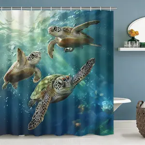 Deep Sea Turtle Print Shower Curtain Set, Boho Style, Includes U-Type Bath Mat, Toilet Lid, Hooks, Halloween Christmas Thanksgiving Patterns