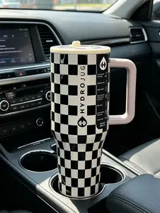 Hydrojug 40-oz Black and White Plaid Insulated Flask with Handle, Large-Capacity Kitchen Drinkware Vacuum Insulated Water Cup, Flasks