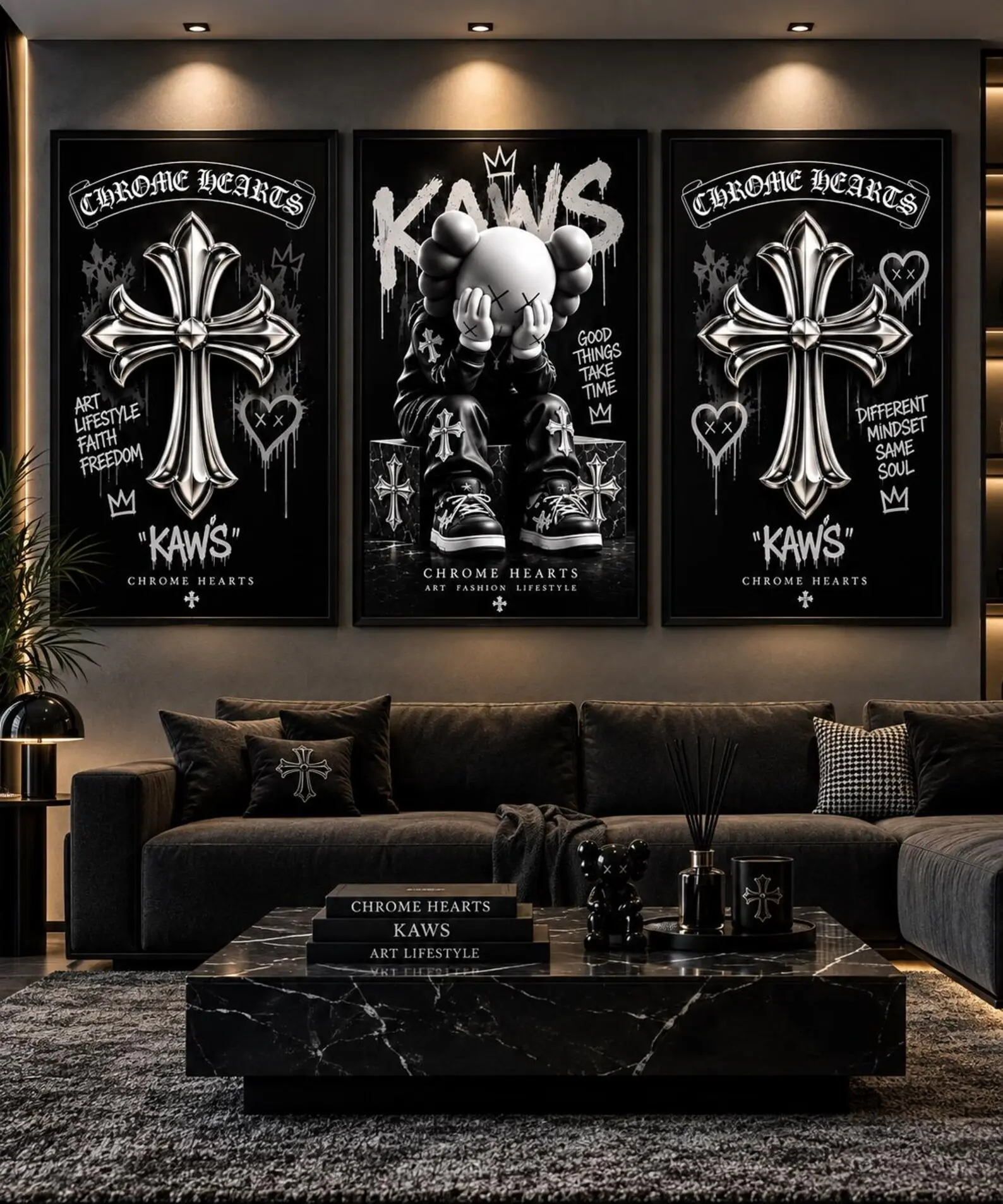 Chrome Hearts 3-Piece Wall Art Set - Gothic KAWS Posters, Black-Silver Cross Decor for Streetwear Room Home Aesthetic