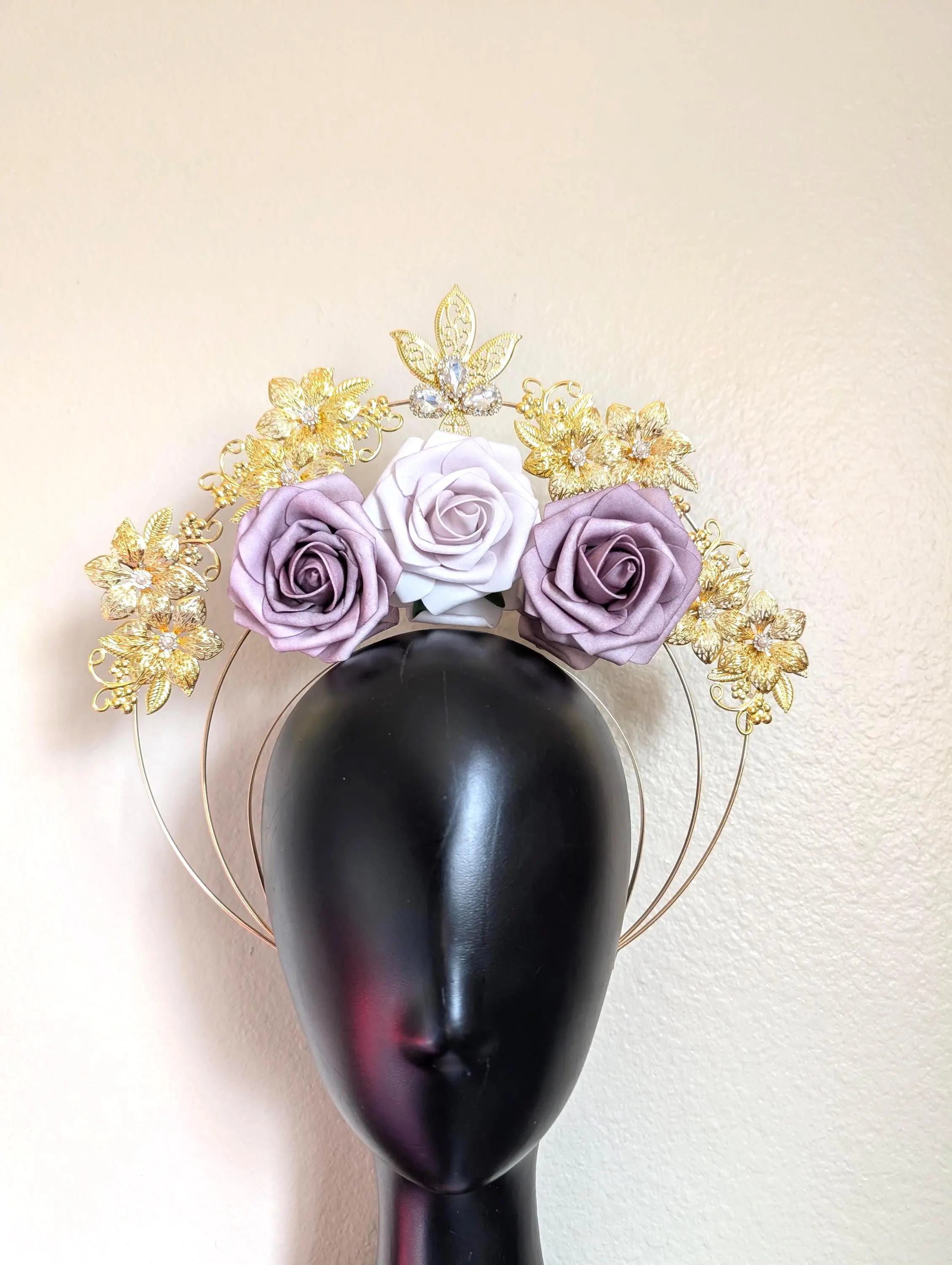 Dusty Purple Rose Gold Halo Crown, Bridal Headpiece, Filigree Rhinestone Pearls