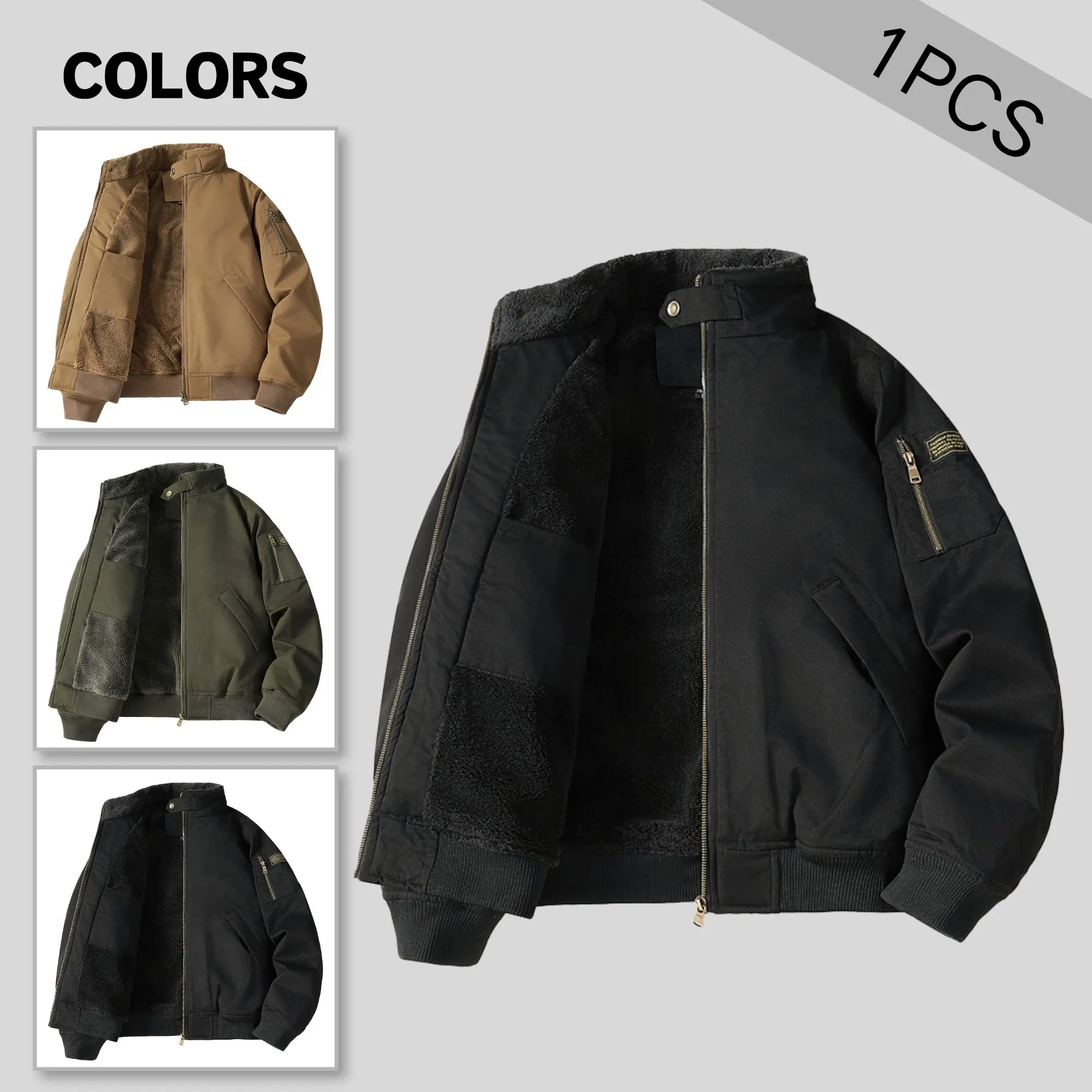 Vintage stand collar fleece work jacket with thick fleece lining—windproof and warm men’s outerwear for everyday commuting and outdoor activities, solid color.