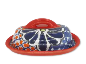 Butter Dish Ceramic Talavera with Lid Hand Painted (Red)
