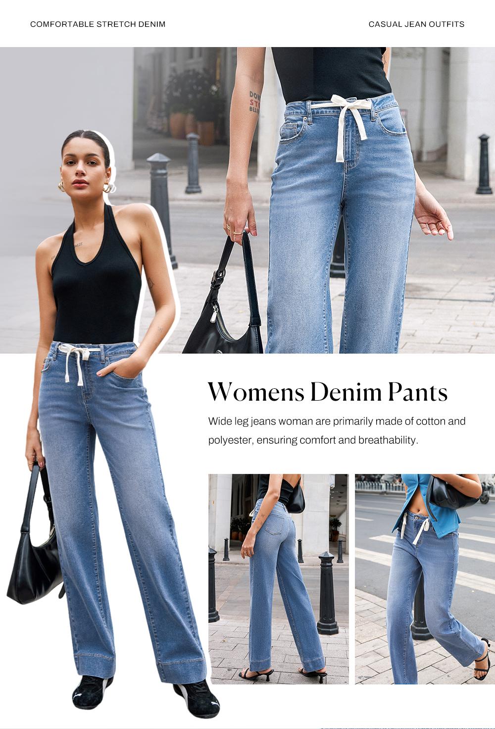 Sidefeel Women's Wide Leg Jeans High Waisted Stretchy Straight Leg Baggy Drawstring Zimbaplatinum Denim Pants