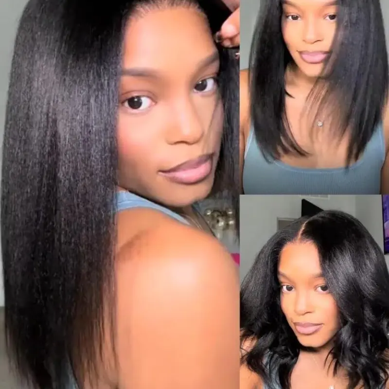Luler Hair Yaki Straight Bob Human Hair 7x5 Lace Front Wig - Invisible Drawstring, Glueless, Bye Bye Slip, Pre-Plucked, Pre-Cut Bleached Knots, Smooth Finish, 14-Inch Put-On-and-Go Wig, Invisible Drawstring Wig, Plain