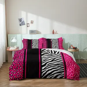 3pcs Duvet Cover Set in Red Leopard Print, Rose Red, and Black Zebra Stripe with Shiny Finish. Fashionable, Soft, and Comfortable. Includes Two Pillowcases. Duvet Insert and Pillow Inserts Not Included (1* Duvet cover + 2* pillowcases, no core)