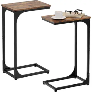 Narrow C Shaped End Tables Living Room TV Trays Set of 2, Small Thin Farmhouse Side Table Skinny Slide Under Couch Tray Tables for Sofa Bedroom Small Space 7 inch Width, Rustic Brown