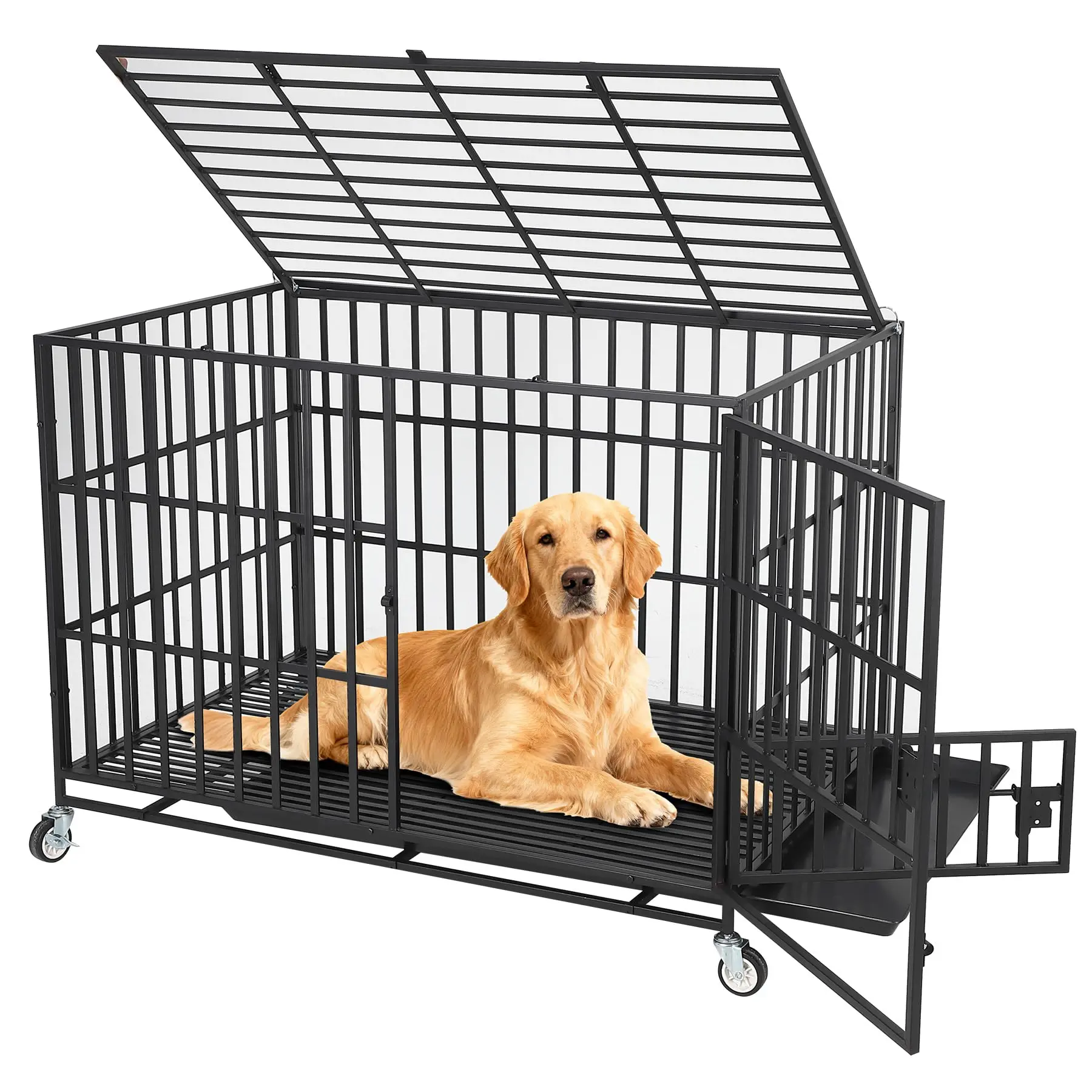 Escape-Proof Heavy Duty Dog Crate - Indestructible Metal Kennel，safe cage, 3 Doors, Removable Tray, Locking Wheels, Secure Indoor/Outdoor Steel Cage for Large/Medium Dogs, Black