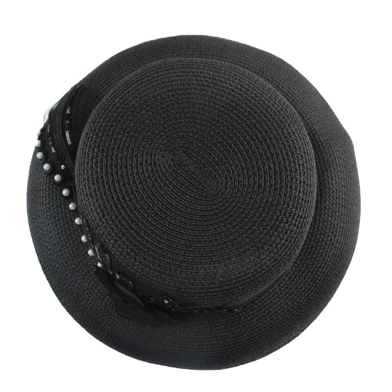 jewelry [Pearl & Lace Flower Straw Hat] Elegant Pearl & Lace Flower Straw Hat - Stretchable Wide Brim Sun Hat with Faux Feather Accent - Ideal for Beach Vacations, Derby Events & Church Outings