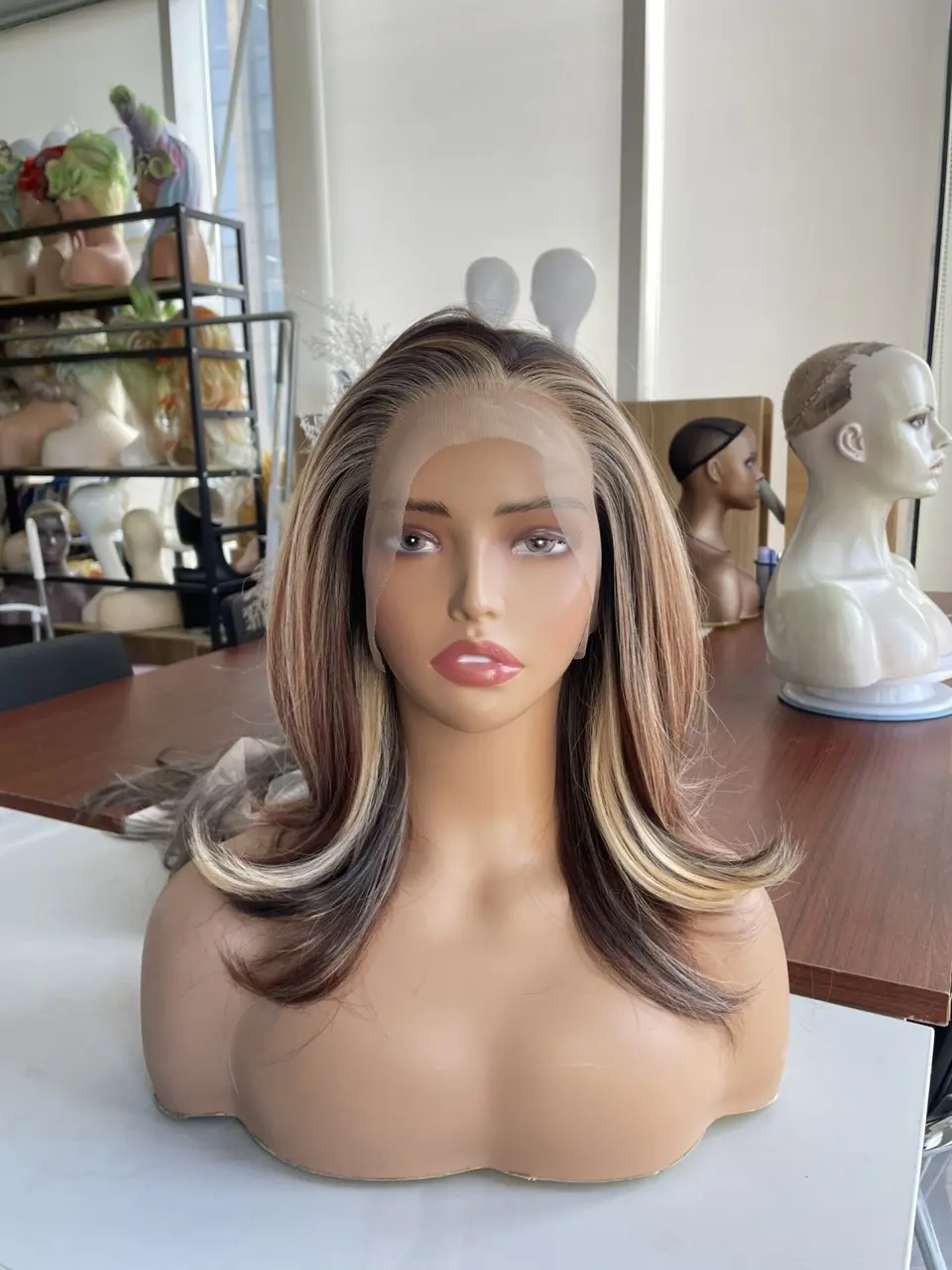 IMstyle Alora Calico Auburn  Brown and Blonde Highlight with Rooting Ombre Color 13*4 Glueless Lace Front Wig Free Parting Short Layer Cut Syntehtic Wig