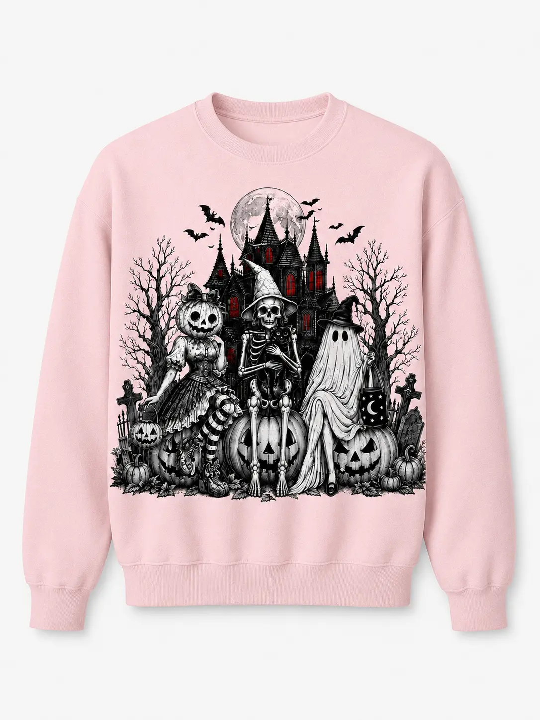 Women’s Spooky Halloween Sweatshirt, Pink Skeleton Witch Ghost Haunted House Graphic Crewneck, Vintage Pumpkin Gothic Fall Pullover