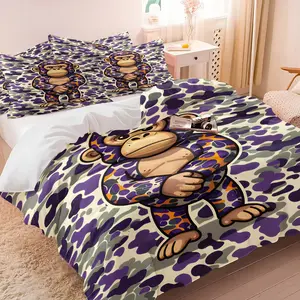 BAPE Light Purple Camo Duvet Cover Set, 1 Duvet Cover and 1-2 Pillowcases No Pillows, Iconic Contrast Color Camouflage Ape, Comfortable Soft Bedding, Personalized Trendy Bedroom Decor, For Streetwear Enthusiast