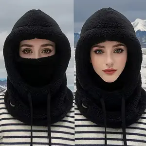 Women's Winter Fleece Face Mask Hat Scarf Set, Integrated Cap, Thick Fleece Hooded Hat, Ear Protection, Windproof Cotton Hat, Cycling Warmth Accessories