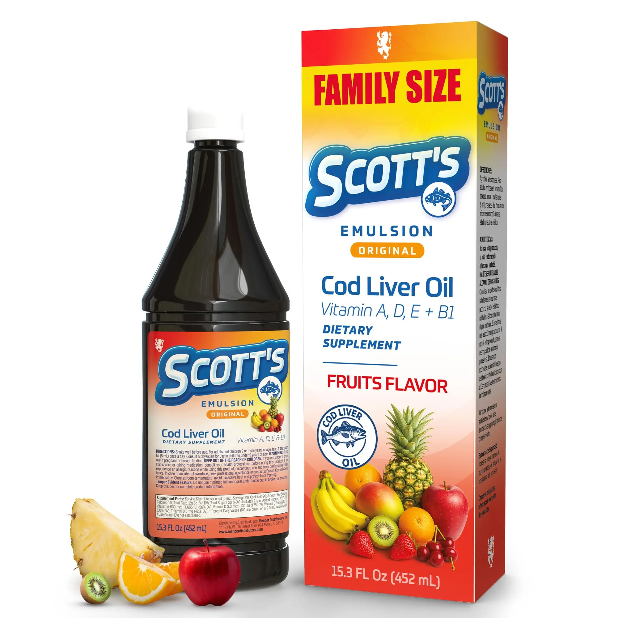 Scott's Emulsion Cod Liver Oil Liquid – Fruits Flavor – Multivitamin – Family Size – Supports Growth, Immunity & Bone Health – Rich in Omega 3 & Vitamins A+D – Easy-to-Take Fish Oil for Kids & Adults – 15.3 Fl Oz, Eye, Brain