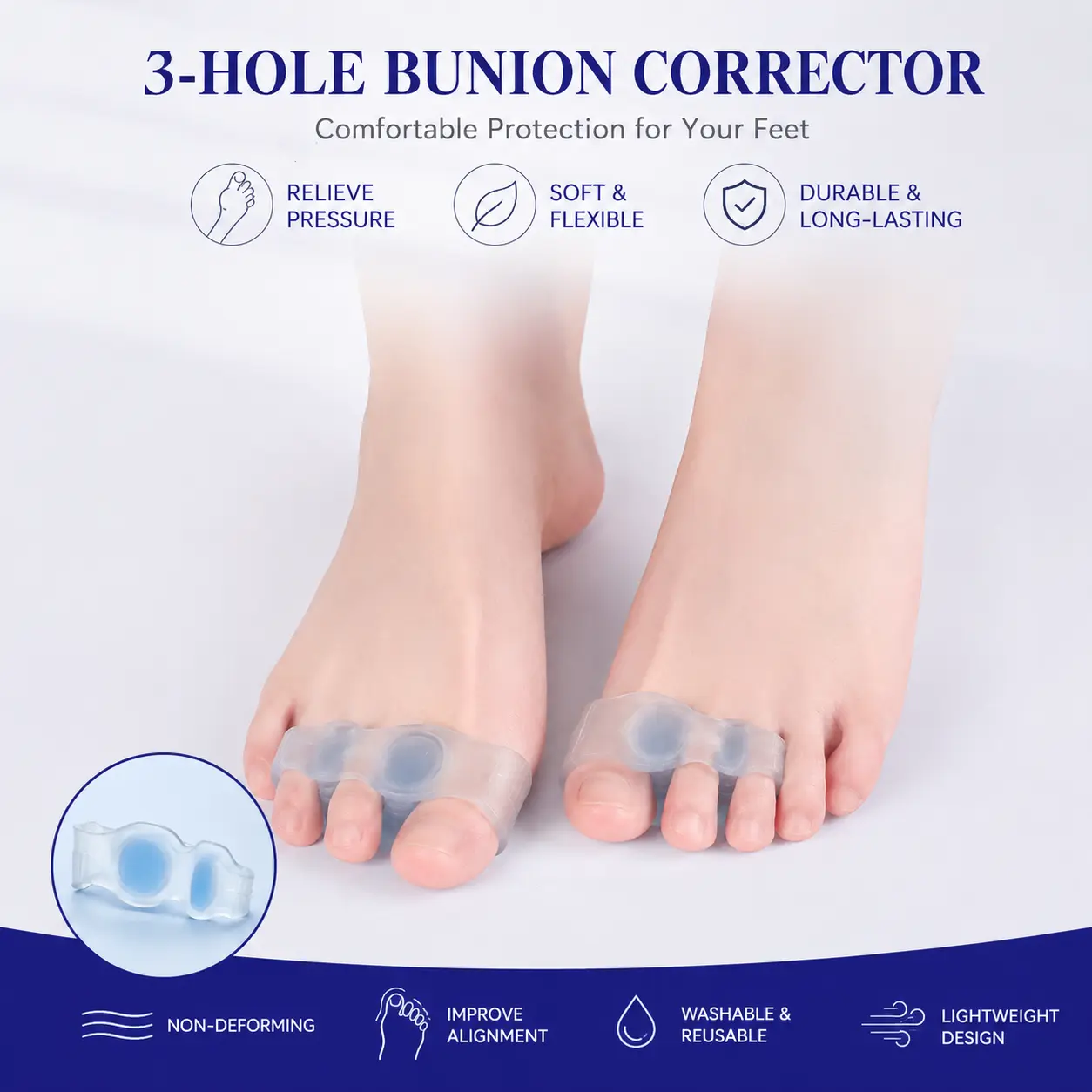 1 Pair Three-Hole Toe Separator, Soft Elastic Transparent Toe Spacer for Overlapping Toes and Big Toe Alignment Daily Use